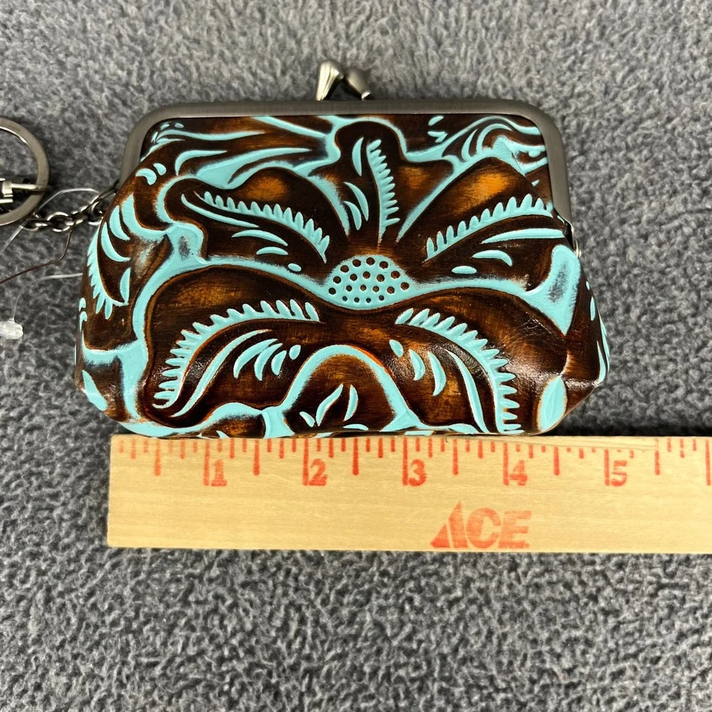 Patricia Nash Borse Coin Purse Women Turquoise Tooled Leather Floral Kiss Lock